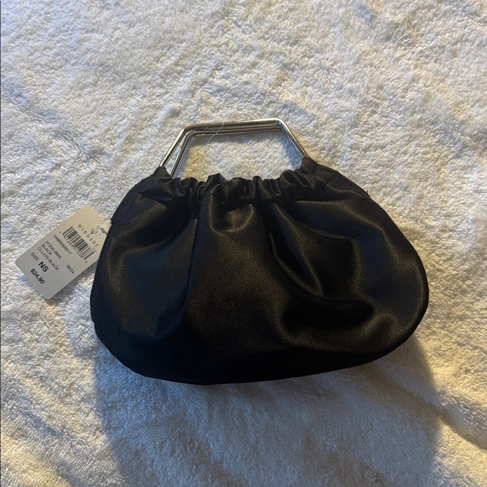 Windsor Black Satin Clutch with Silver Accents